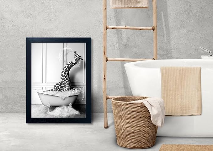 Black and White Bathroom Wall Art Funny Giraffe in Bathtub Wall Decor Framed Farmhouse Painting Animal Canvas Wall Art Bathroom Artwork