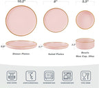 Famiware Nebula Plates and Bowls Sets for 4, 12 Pieces Stoneware Dinnerware Set, Microwave and Dishwasher Safe Dishes Set, Light Pink with Brown Rim