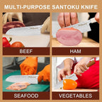 Santoku Knife 7in, Damascus Japanese Chef Knife, Professional Hand Forged Chef's Knives for Kitchen Cooking Meat Cleaver, Cutting Vegetables and Fruit, Razor-Sharp Chef's Knife with Gift Box, Silver