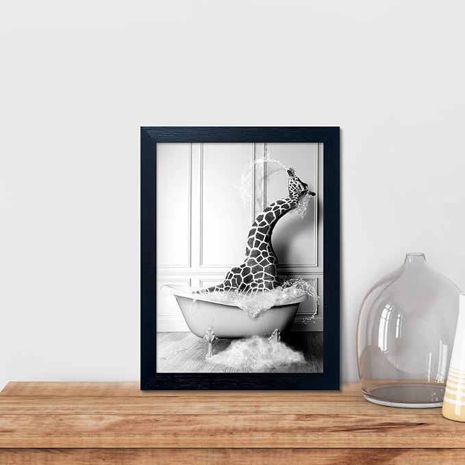 Bathroom Pictures Wall Decor Black and White Wall Art Funny Animal Canvas Print Giraffe in Bathtub Framed Farmhouse Painting Kids Bathroom Signs Decor
