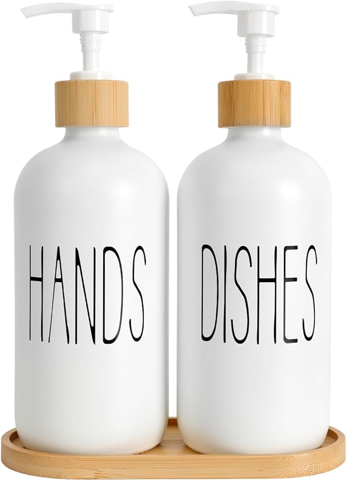 Glass Soap Dispenser Set, Contains Hand Soap and Dish Soap Dispenser.Suitable for Bathroom and Kitchen Decoration (White)