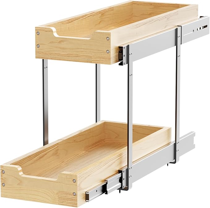 Wood Pull Out Cabinet Organizer 2 Tie 9" W x 21" D, Heavy-Duty Sliding Drawers for Inside Cabinets Storage and Organization for Kitchen, Pantry, Bathroom