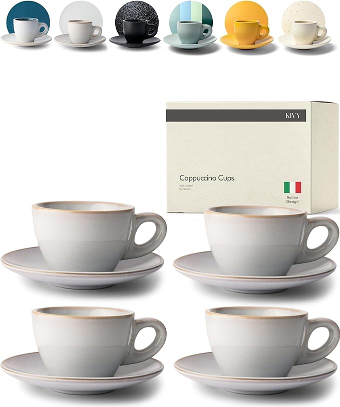 KIVY Cappuccino cups set [4x 8oz] - Thick-walled stoneware cappuccino cup set for latte art - Cappuccino coffee cups - Tazas de cafe - Latte cups - Ceramic latte art cup and saucer set of 4 - Grey