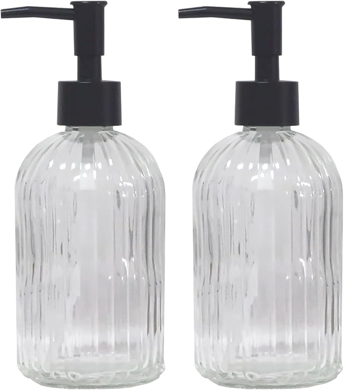 Clear Glass Soap Dispenser with Pump, 2 Pack 13.5oz Bathroom Soap Dispenser with Vertical Stripe for Hand Wash and Dish Wash, Elegant Refillable Hand Dispenser for Dishwashing Liquid, Lotion