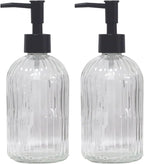 Clear Glass Soap Dispenser with Pump, 2 Pack 13.5oz Bathroom Soap Dispenser with Vertical Stripe for Hand Wash and Dish Wash, Elegant Refillable Hand Dispenser for Dishwashing Liquid, Lotion