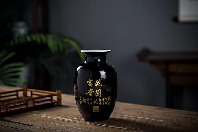 Black Vases Chinese Ceramic Flower Vase Decorated with Peony Design for Home Living Room Display and Gift from Jingdezhen Porcelain