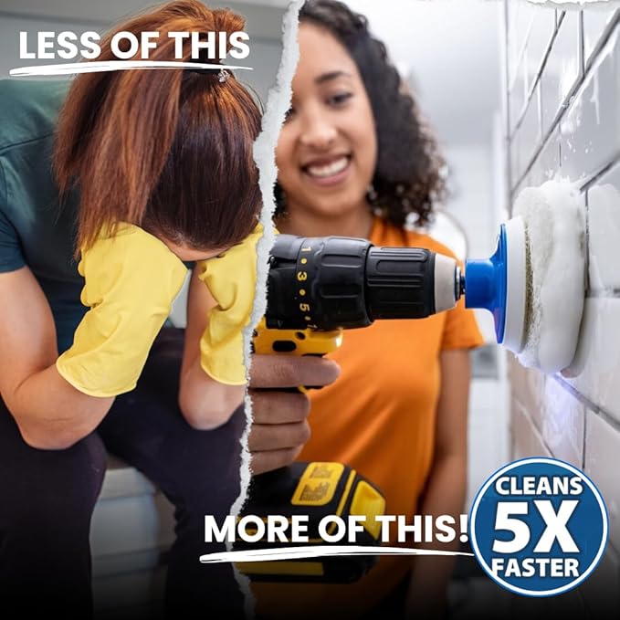 7 Pack Multi-Purpose Drill Brush Kit for Cleaning Bathrooms, Showers, Tubs, Tile, Floors, Sinks, Toilets, Grout and Grime Removal, Reversible Blue and White Scrub Pads