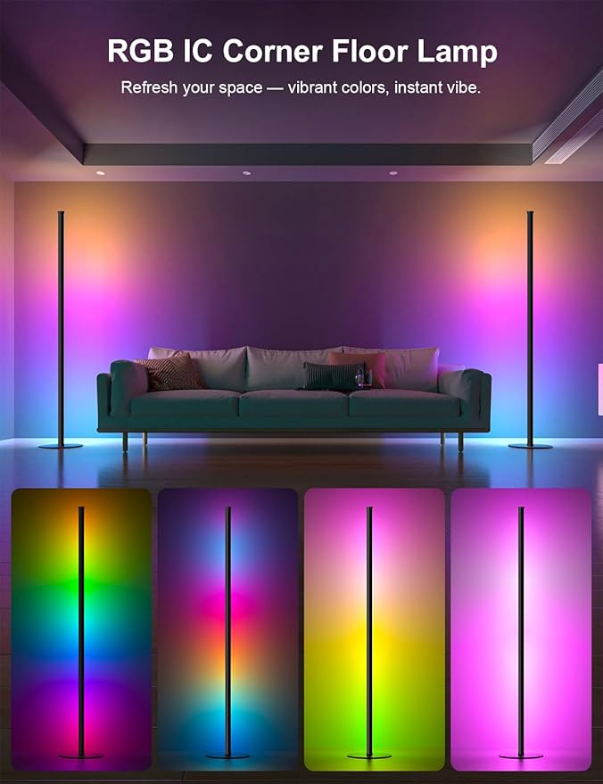 Corner Floor Lamp, 2 Pack RGB IC Corner Lamp 55" with APP Control, 16 Million Colors, Timing Function and Music Sync, Color Changing Ambient Lighting for Living Room Bedroom Gaming Room Upgraded