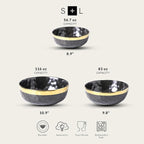 Stone Lain Florian Porcelain 3-Piece Round Bowl Service Set, Black with Gold Rim