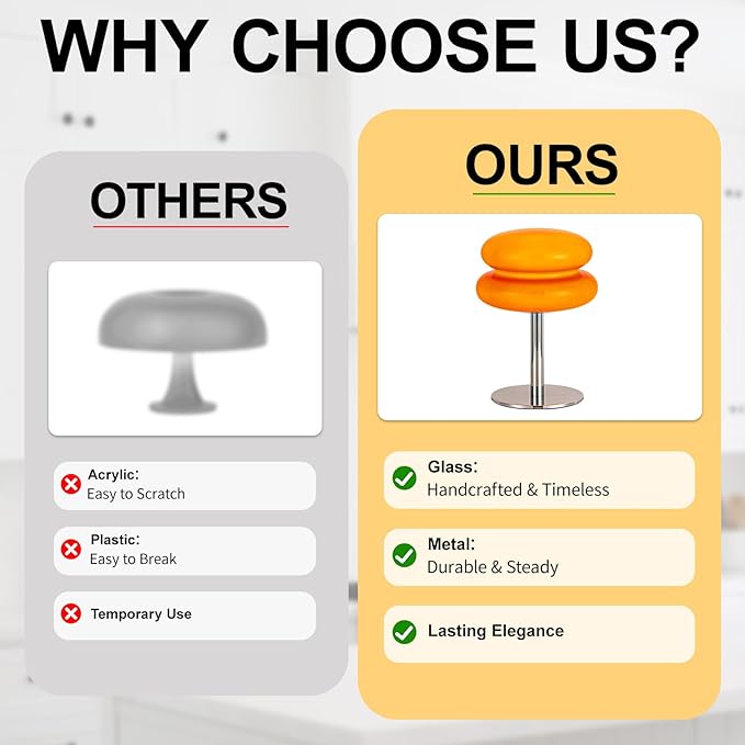 Vintage Mushroom Lamp, Orange Glass Lamp with Metal Base, Dimmable Bedside Table Lamp for Bedroom, Living Room, Mid Century Modern Retro Style, Plug in Nightstand Light