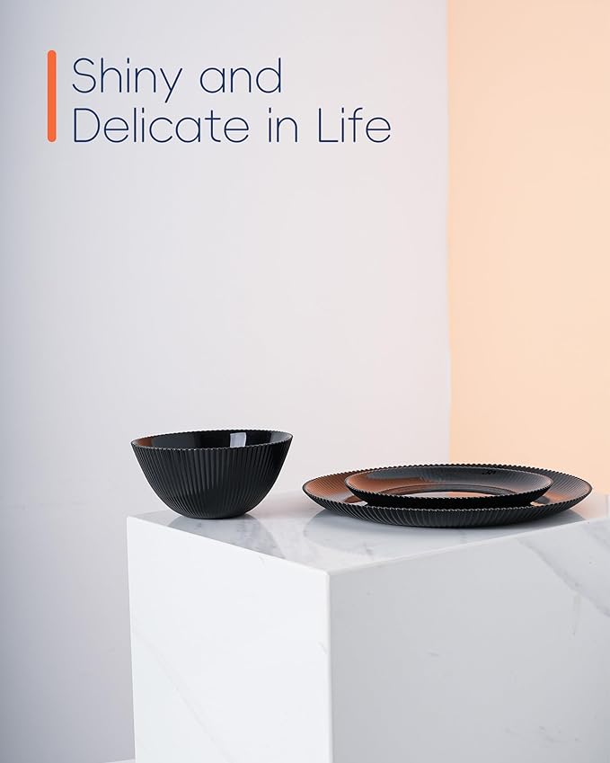 7.5 inch Ribbed Salad Appetizer Plate Set of 6, Opal Glass Round Small Black Plates for Dessert, Kitchen, Dishwasher and Microwave Safe