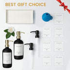 Glass Soap Dispenser for Kitchen Sink,Farmhouse Kitchen Dish Soap Dispenser&Hand Soap Dispenser Set,Rustproof Pump Soap Dispenser Bathroom with Tray,Waterproof Label for Kitchen Decor(Black