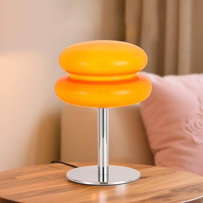 Vintage Mushroom Lamp, Orange Glass Lamp with Metal Base, Dimmable Bedside Table Lamp for Bedroom, Living Room, Mid Century Modern Retro Style, Plug in Nightstand Light