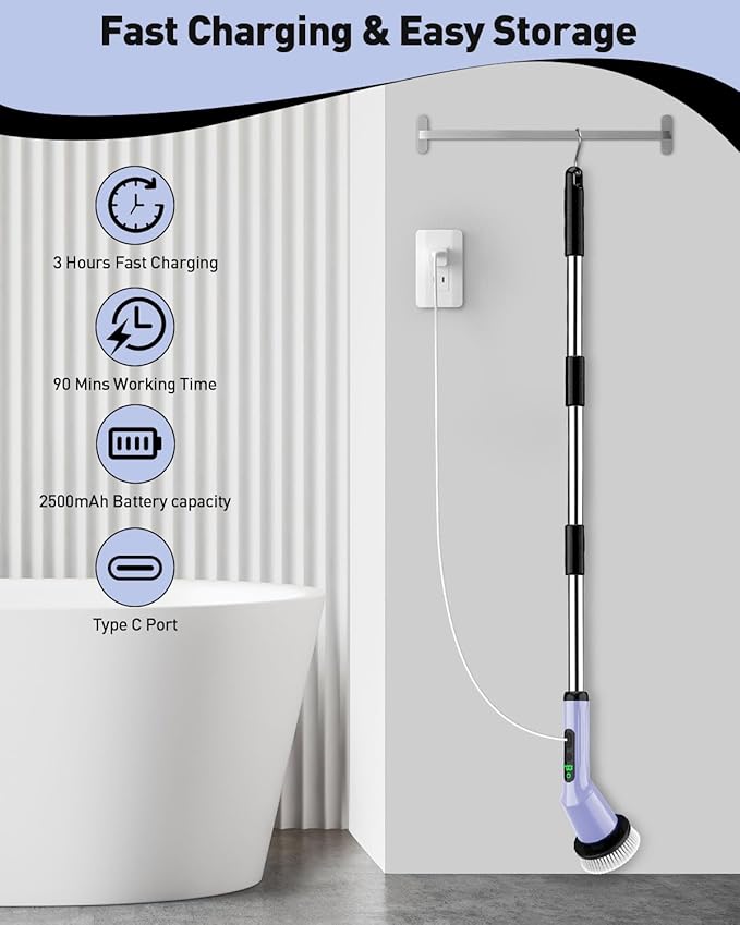 Electric Spin Scrubber for Cleaning Bathroom, Shower Scrubber Cordless Cleaning Brush with IPX7 Waterproof & 2 Speed, 3 Brush Heads, Bathroom Cleaning Supplies for Shower Tub Tile Toilet Purple