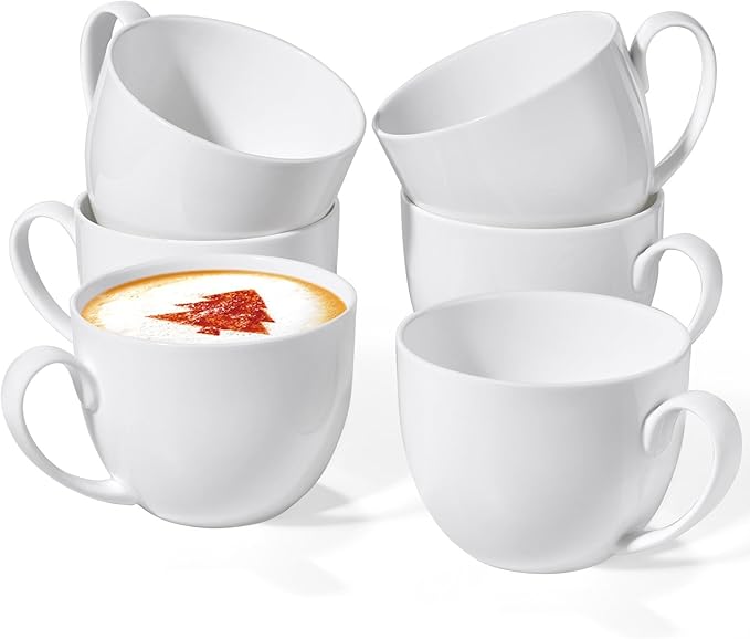 Chulan Extra Large White Bone China Cereal Mugs, 22 oz Ceramic Coffee Mug Set of 6, Latte Mugs Mocha Tea Cup, Jumbo Porcelain Soup Mugs with Big Handle for Desserts Snack, Microwave ＆ Dishwasher Safe