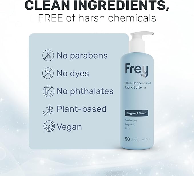 FREY Natural Liquid Fabric Softener & Conditioner | Laundry Softener for Clothing | Works In All Machines + HE | Powered by Natural Ingredients (2-pack, Bergamot Beach)