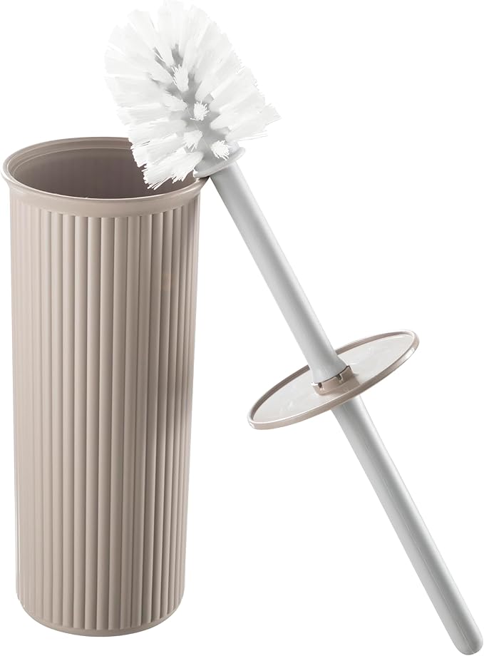 Superio Ribbed Collection - Decorative Plastic Toilet Bowl Brush and Holder Set, Taupe (1 Pack) Cleaner Scrubber for Bathroom