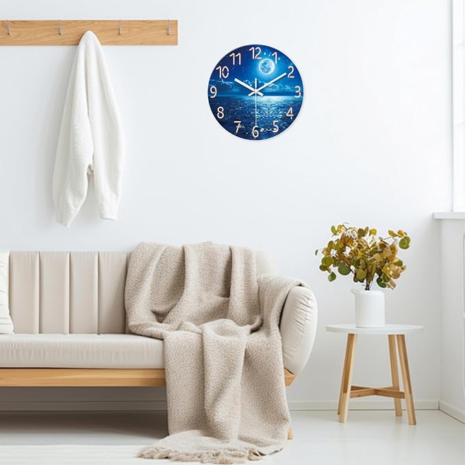 XFM Blue Wall Clock Battery Operated 12 Inch Moon Ocean Glass Clock Silent Non Ticking Modern Decorative Wall Clocks for Kitchen Bedroom Bathroom Decor