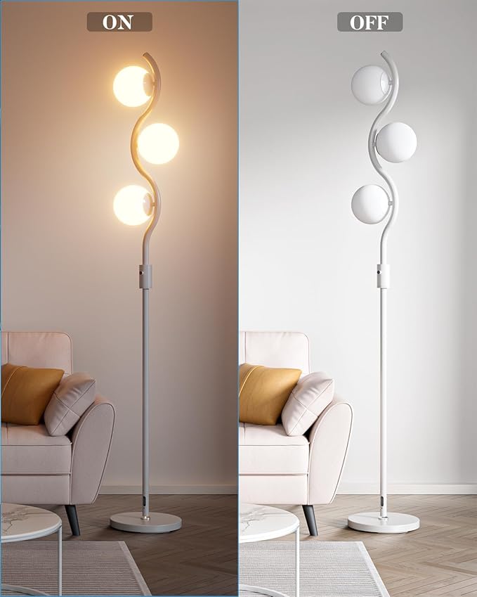 Lightdot 60IN Dimmable (Brightness Adjustable) White Floor Lamp, Mid Century Standing Lamps with 3 Globe Soft Warm White Eye Care 3000K Bulbs Included, Modern Tall Lamp for Bedroom Office