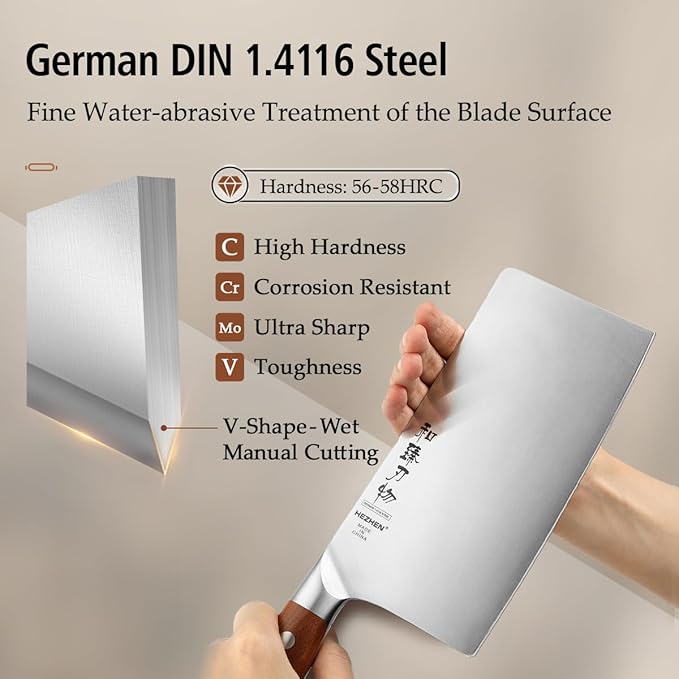 HEZHEN Cleaver Knife 7.1 inch, German 1.4116 Steel & Ergonomic Red Wood Handle, Sharp Meat Cleaver for Meat Cutting Vegetable Slicing