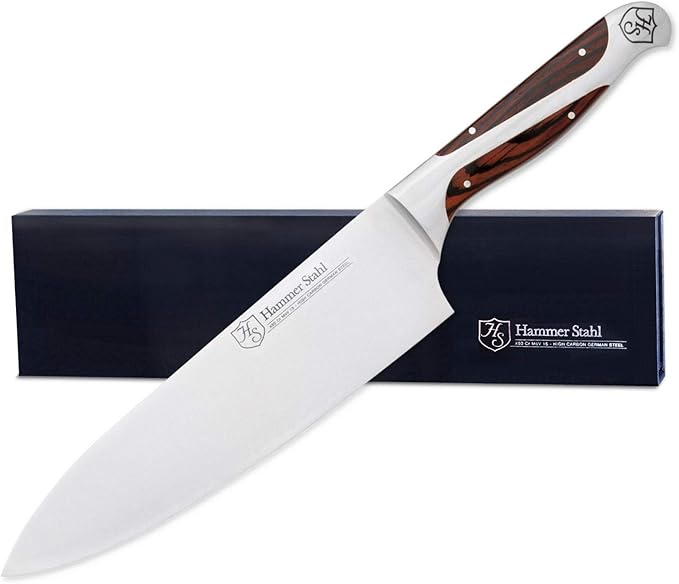 Hammer Stahl 8-Inch High Carbon Chef Knife | Versatile Cooking Knife for Chopping, Slicing & Precision Cutting | German Forged Sharp Kitchen Knife | Ergonomic Quad-Tang Pakkawood Handle & Gift Box