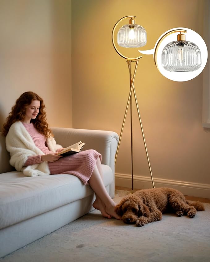 Lightdot Tripod Floor Lamp for Living Room, Gold Standing Lamp with Clear Glass Lampshade, Farmhouse Tall Lamp for Bedroom, Arced Reading Light for Home Office