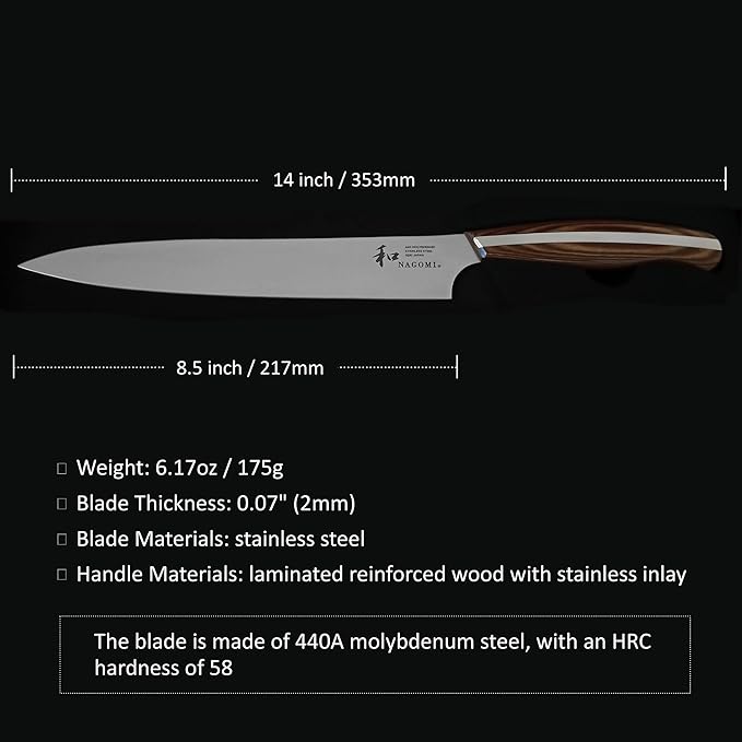 NAGOMI] 8.5 inch Premium Slicing Knife, Stainless Steel HRC58 Carving Knife for Slicing Roasts, Meats, Sashimi, Fruits and Vegetables | Black Stylish Gift Box