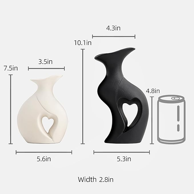 XL Black and White Vase Set of 2,Heart Shaped Ceramic Vases Home Decor,Minimalist Decorative Vases,Modern Home Decor for Wedding Dining Living Room Office Coffee Table Centerpiece