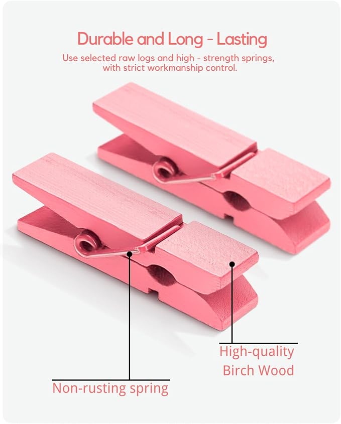 Clothes Pins Mini Clothespins Pink - 100 PCS Wooden Small Clothespins for Pictures with Jute Twine Tiny Photo Paper Clip, Ideal for Baby Shower, Crafts, Chip Clips, Home Office Decoration