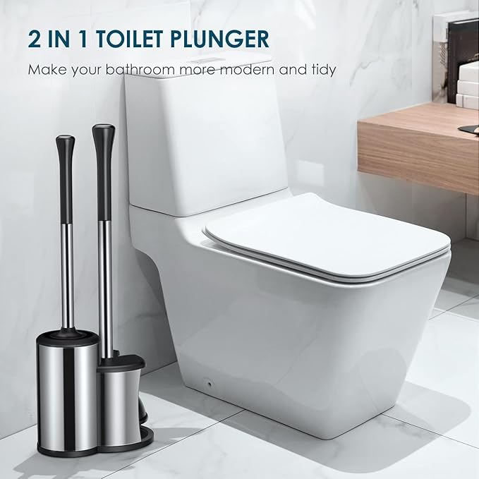 Toilet Plunger Bowl Brush Set: Hideaway Heavy Duty Toilet Plunger Scrubber Cleaner Holder Combo for Bathroom with Covered Caddy Hidden Elongated Discreet Apartment Toilet Plunger Brush Accessories