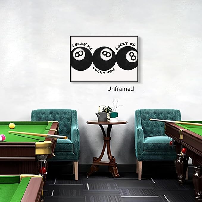 Black 8 Ball Poster, Lucky Me Lucky You Lucky Us Quote Canvas Wall Art, Playful Billiards Balls Picture Print, Retro 8ball Pool Painting for Bar Cart Game Room Man Caves Wall 12x16in Wrapped Canvas