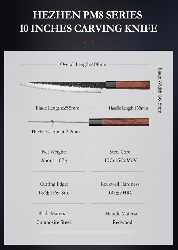 HEZHEN Carving Knife, 10 Inches, Meat Cutting and BBQ Knife, 3 Layers High Carbon Clad Steel Brisket Slicing,Breaking Butcher, Redwood Octagonal Handle