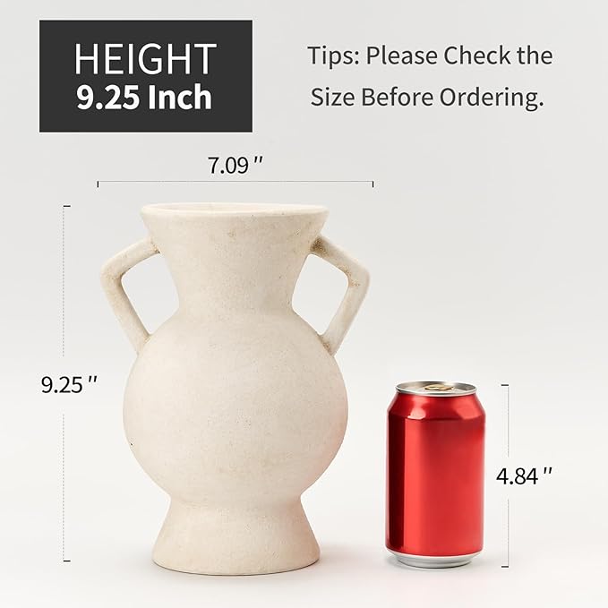 LUKA Antique Ceramic Vase with 2 Handle,9.25 inches Rustic Vase Minimalist Decor, Decorative Vases for Home Decor, Table, Living Room, Shelf, Christmas Decoration(Large,White)
