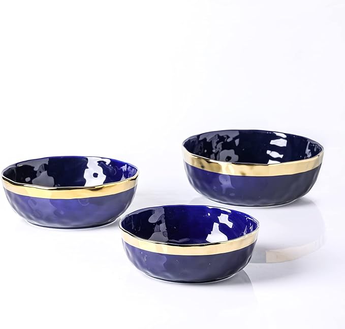 Stone Lain Florian Porcelain 3-Piece Round Bowl Service Set, Blue with Gold Rim