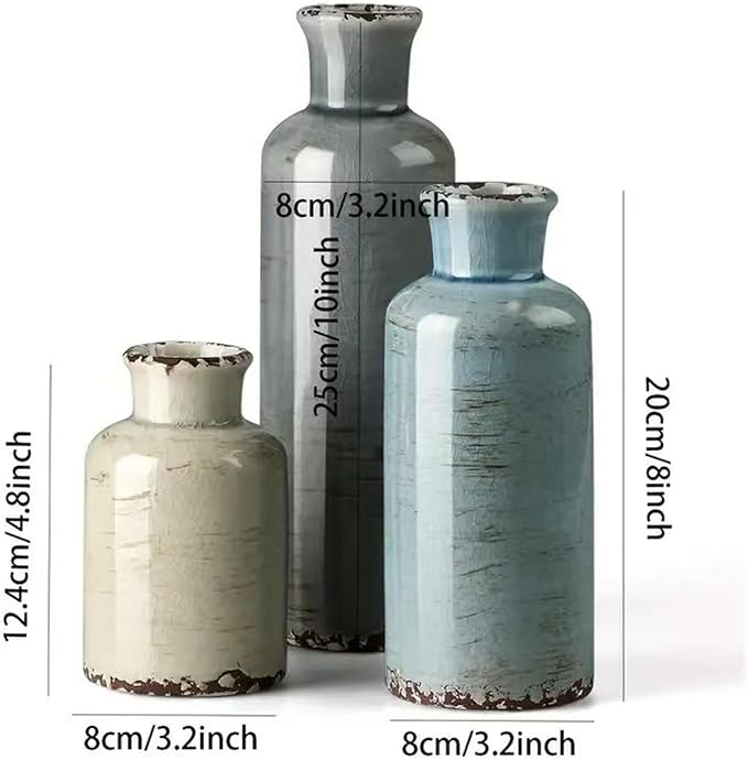 Small Ceramic Vase Set of 3,Small Flower Vase for Home Decor,Rustic Farmhouse Vases for Living Room,Table Shelf,Centerpieces,Fireplace and Entrance,Decorative Vases for Flowers Three Colors