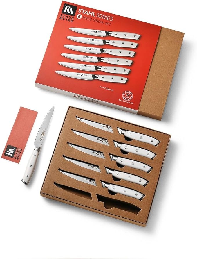 Klaus Meyer Stahl High Carbon Exclusive German Steel 4.5 inch 6 Piece Steak Knife Set (White)