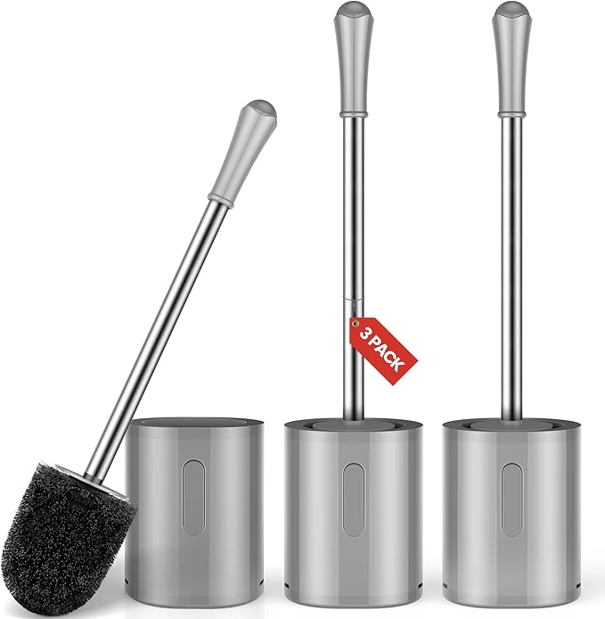 Toilet Brush and Holder, 3 Pack Compact Size Toilet Bowl Brush with Stainless Steel Handle, Small Size Plastic Holder Easy to Hide, Space Saving for Storage, Drip-Proof, Easy to Assemble Grey