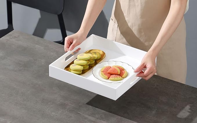 Glossy White Sturdy Acrylic Serving Tray with Handles-12x12 Inch-Serving Coffee,Appetizer,Breakfast,Butler-Kitchen Countertop Tray-Makeup Drawer Organizer-Vanity Table,Ottoman Tray-Decorative