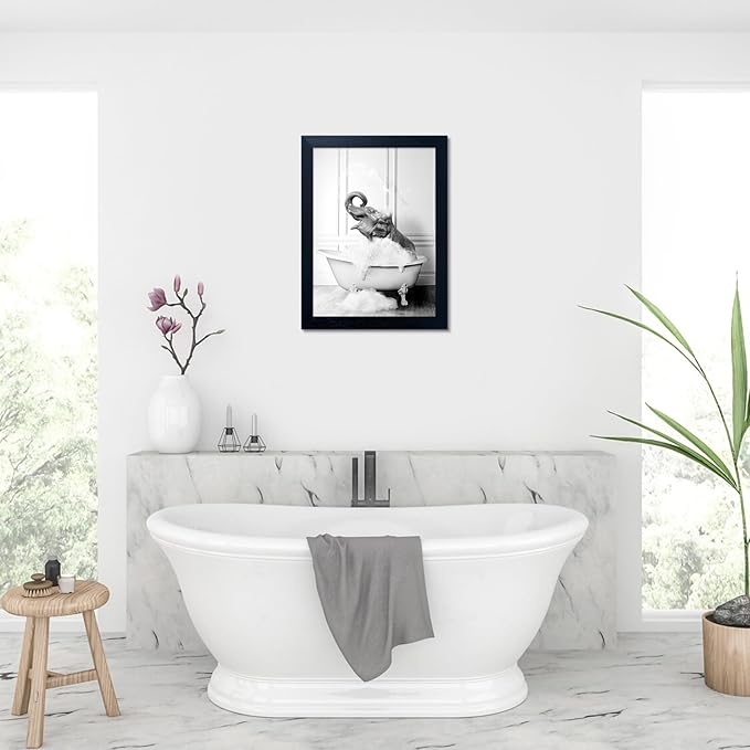 Framed Bathroom Wall Decor Elephant in Bathtub Pictures Wall Art Black and White Funny Animal Canvas Print Artworks for Bathroom