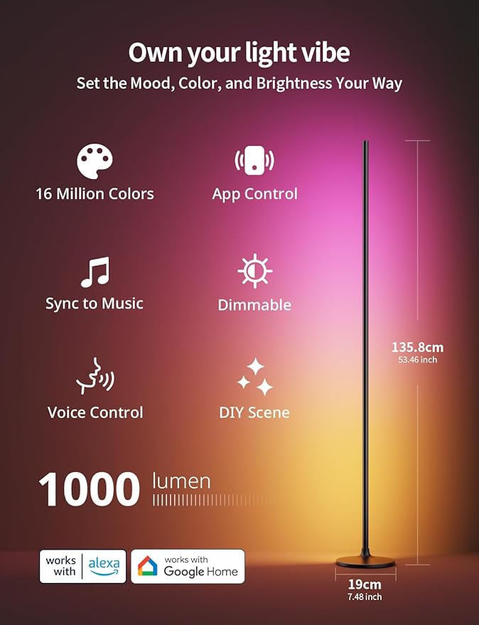 Ailofy Corner Floor Lamp, Corner Lamp Compatible with Alexa & Google Assistant, 16 Million DIY Colors, Sync with Music, App Control, Timer Setting, LED Floor Lamp for Living Room and Bedroom, Black