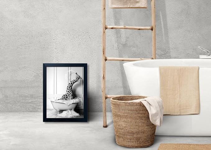 Bathroom Pictures Wall Decor Black and White Wall Art Funny Animal Canvas Print Giraffe in Bathtub Framed Farmhouse Painting Kids Bathroom Signs Decor