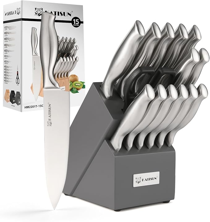 Kitchen Knife Set, 15 Pieces Knife Set with Block, Knives Set for Kitchen, Silver Hollow Ergonomic Handle for Chef Knife Set, Kitchen Shears,Gray Knife Block Set
