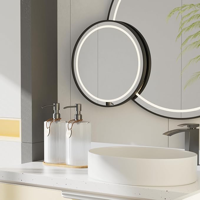 Glass Dish Soap Dispenser Set for Kitchen Sink,18Oz Hand Soap Dispenser for Bathroom with Wood Tray & Silver Stainless Steel Pump,Vertical Stripe Design