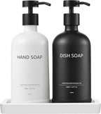 Glass Kitchen Soap Dispenser Set with Ceramic Tray,16.9 floz Hand and Dish Soap Dispenser for Kitchen and Bathroom Decor,White and Black Kitchen Accessories(White Bottles+Black Bottles)