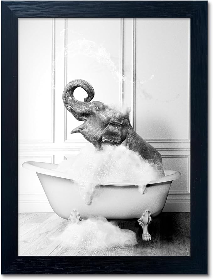 Framed Elephant Wall Art Black and White Bathroom Wall Decor Funny Animal Canvas Print Artworks for Bathroom