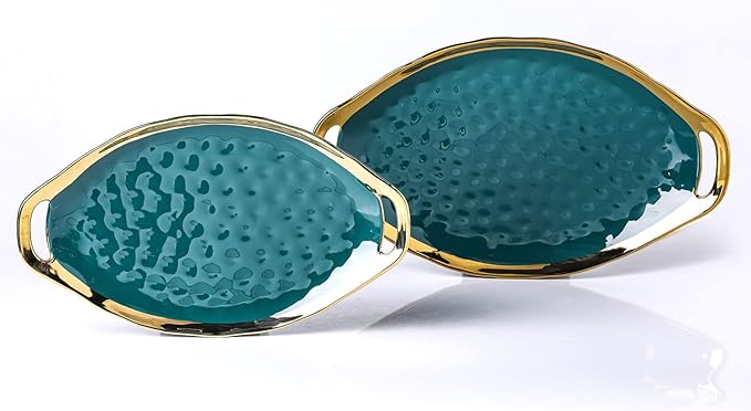 Stone Lain Florian Porcelain Large and Medium Oval Platters with Handle, Service Set, Green with Gold Rim