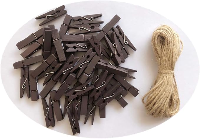 DurReus Small Wood Clothespins Cute Clip Photo Holders DIY Art Craft Display with Jute Twine Brown Pack 50