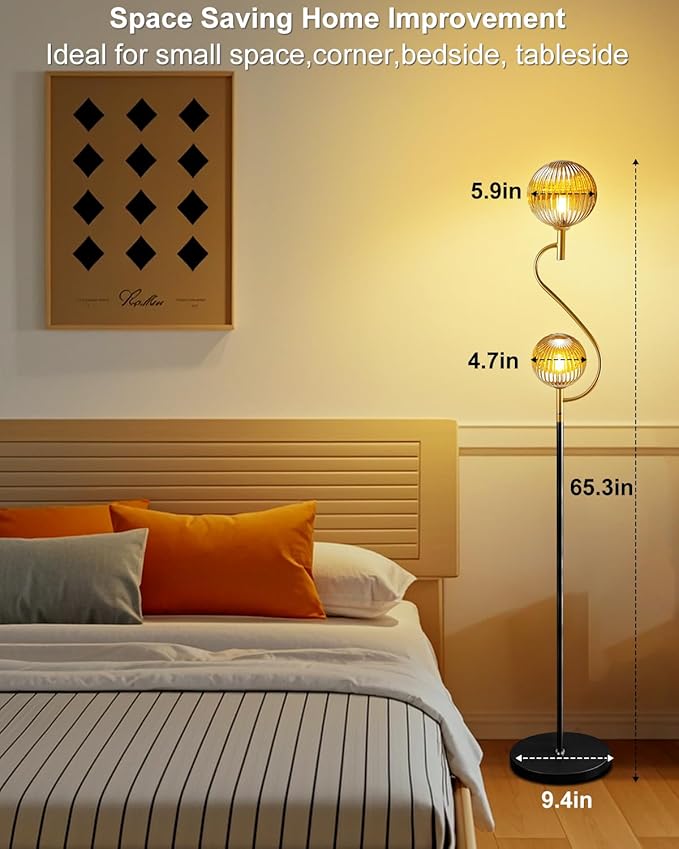Lightdot Gold & Black Floor Lamp, Mid Century Standing Lamps with Globe Teaed-Strip Glass Shade Soft Warm White Eye Care 3000K Bulbs Included, Modern Tall Floor Lamp for Living Room Bedroom