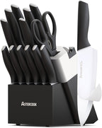 Astercook Knife Set, Kitchen Knives with Block and Sharpener Ceramic Coating 15 Pcs German Stainless Steel Knives Sharp Blade Dishwasher Safe Kitchen Utensils Set with Ergonomic Handle, Elegant Black