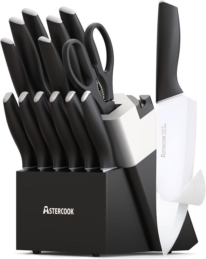 Astercook Knife Set, Kitchen Knives with Block and Sharpener Ceramic Coating 15 Pcs German Stainless Steel Knives Sharp Blade Dishwasher Safe Kitchen Utensils Set with Ergonomic Handle, Elegant Black